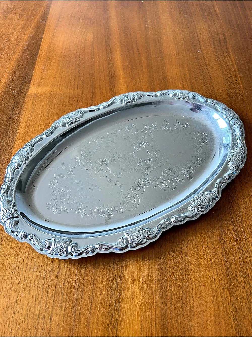 Ornate Floral Oval Serving Tray in Silver